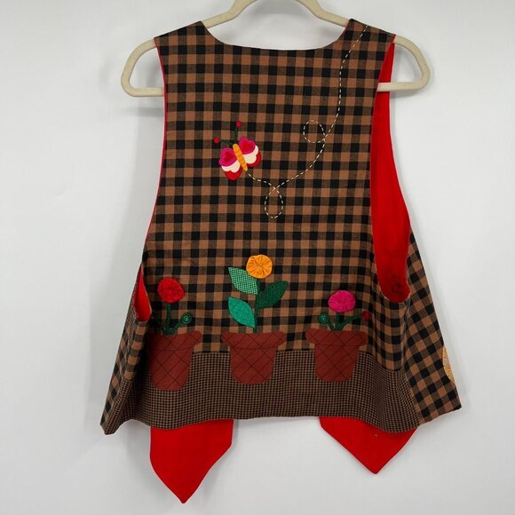 1990s Primitive Cat Vest w Vintage Fabric Yo-yos Patchwork Print Background Size - Picture 8 of 12